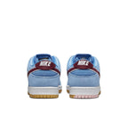 Nike SB Dunk Low Valour Blue Team Maroon, rear view showcasing blue suede upper and maroon accents.