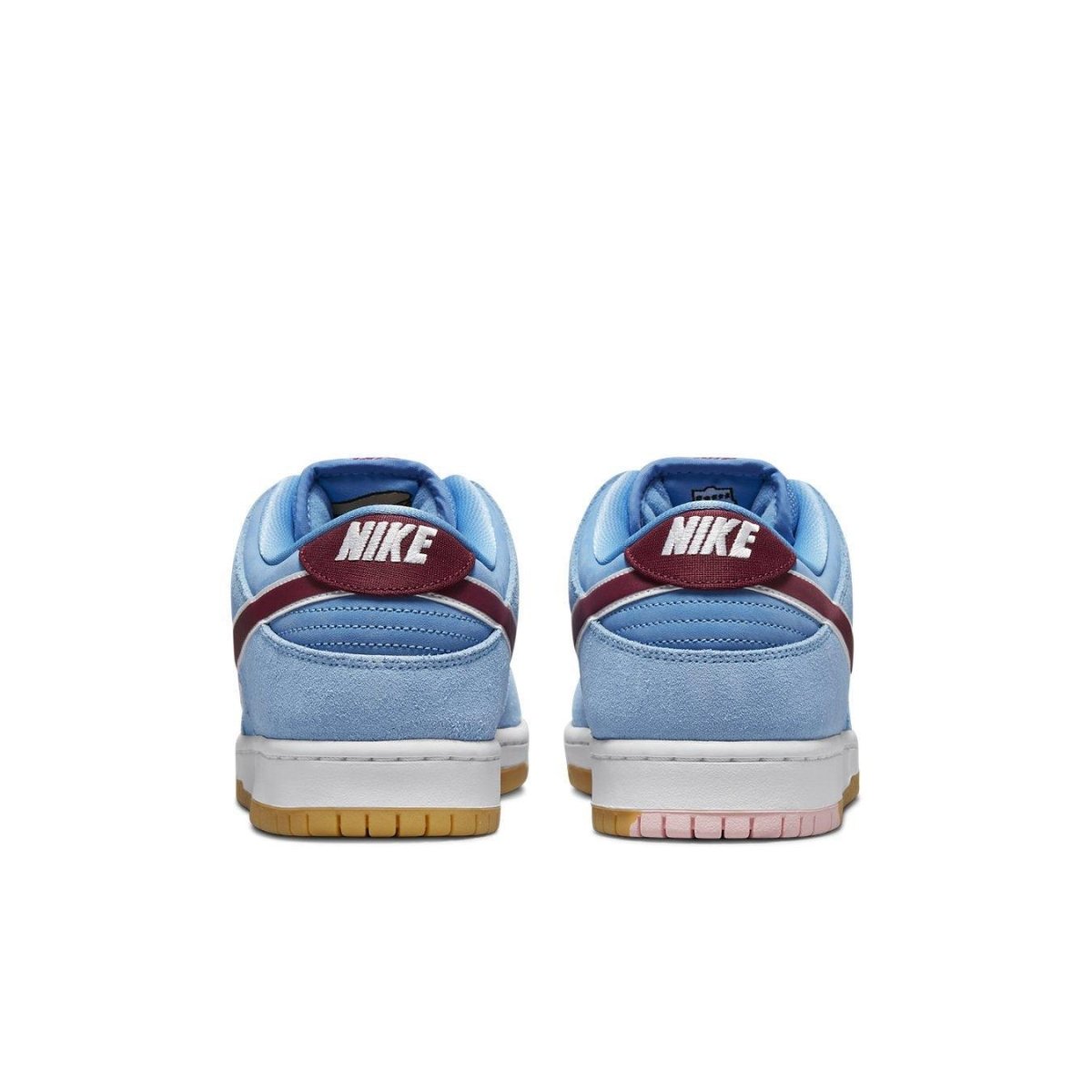 Nike SB Dunk Low Valour Blue Team Maroon, rear view showcasing blue suede upper and maroon accents.