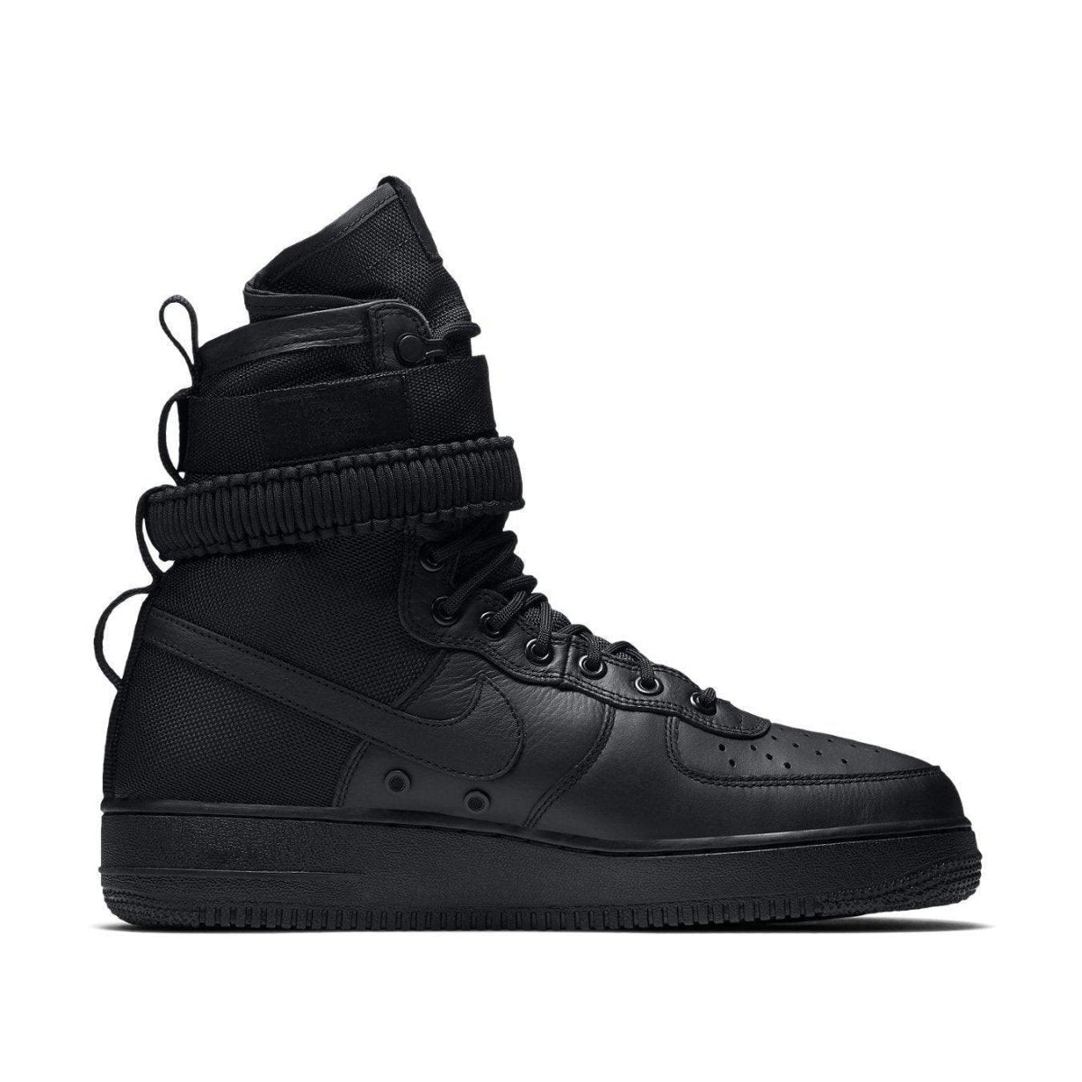 Nike SF Air Force 1 High Triple Black with black leather and ballistic nylon upper, adjustable ankle straps, and hidden pocket.