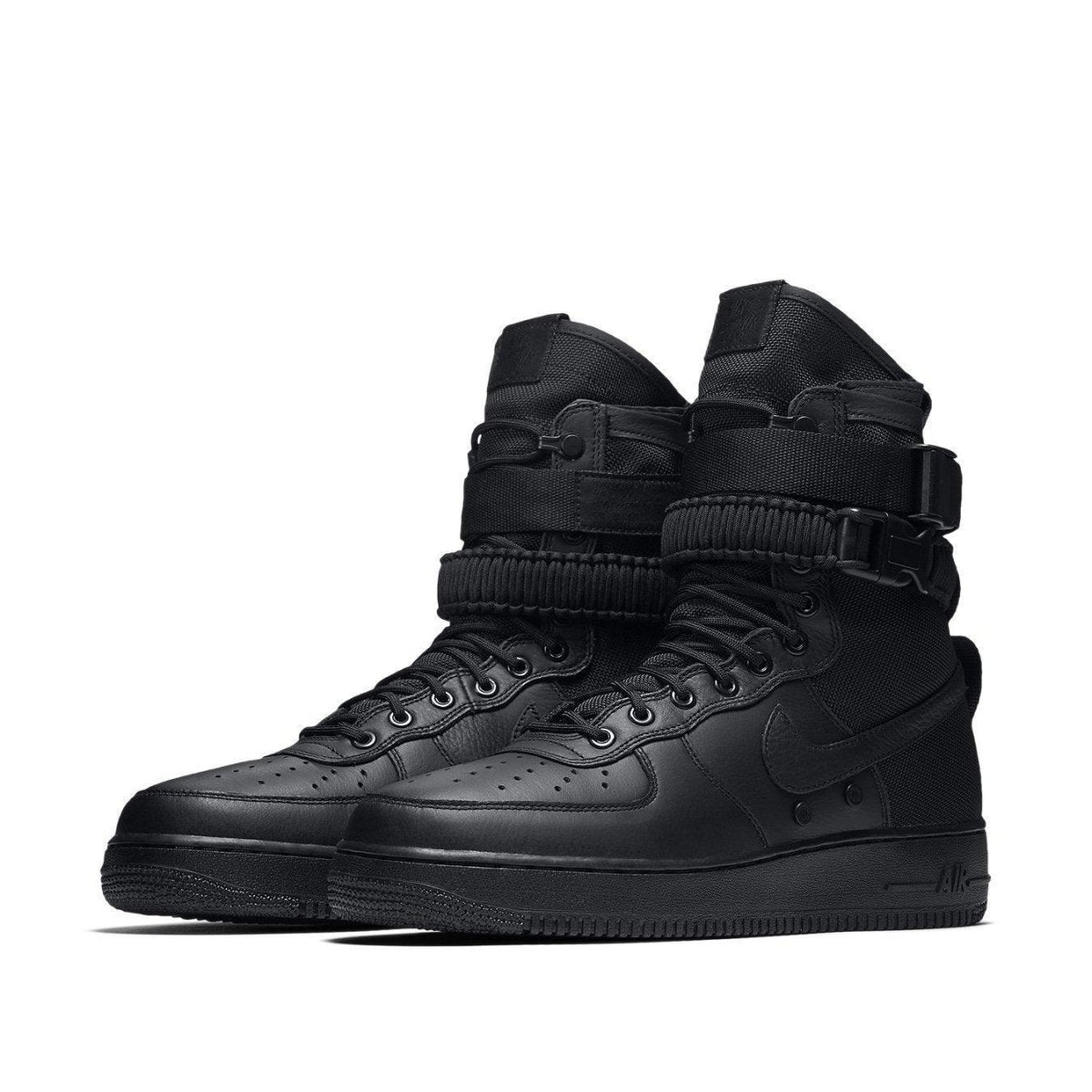 Nike SF Air Force 1 High Triple Black with black leather upper and adjustable ankle straps.