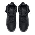 Nike SF Air Force 1 High Triple Black sneakers with black leather upper and adjustable ankle straps.