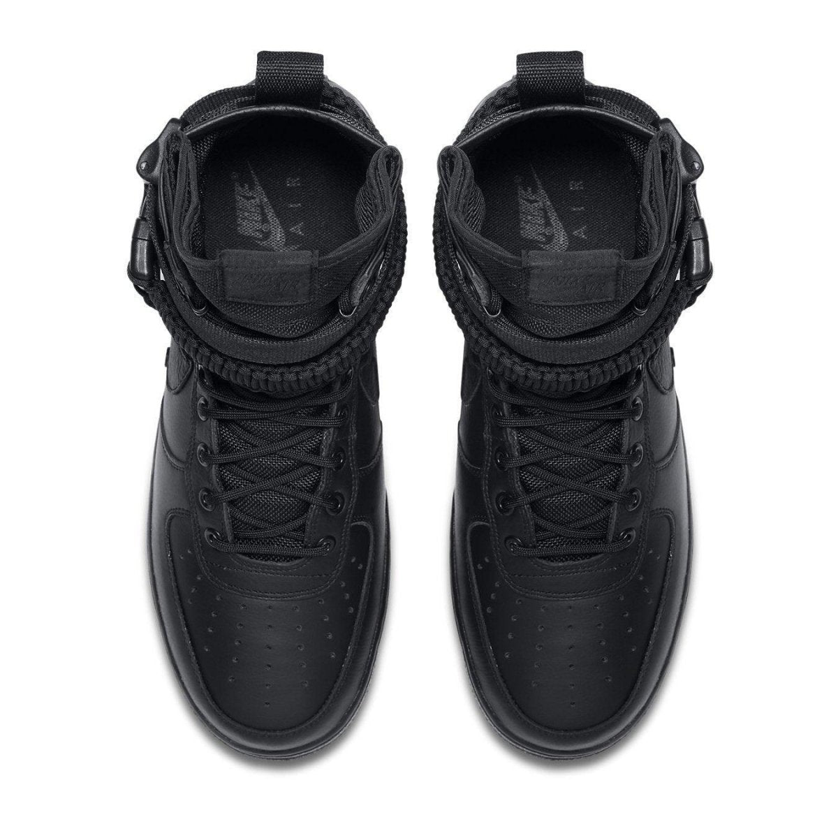 Nike SF Air Force 1 High Triple Black sneakers with black leather upper and adjustable ankle straps.