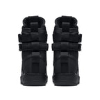 Nike SF Air Force 1 High Triple Black rear view showing adjustable ankle straps and high-top design.
