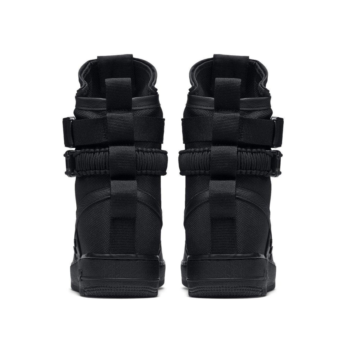 Nike SF Air Force 1 High Triple Black rear view showing adjustable ankle straps and high-top design.