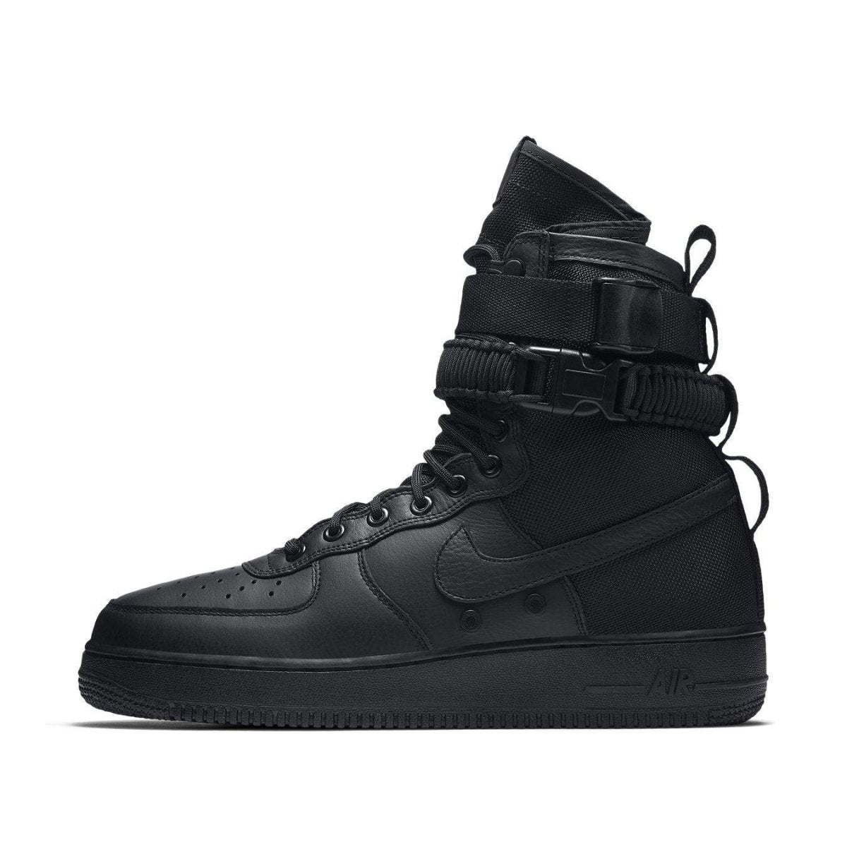 Nike SF Air Force 1 High Triple Black, featuring black pebbled leather, ballistic nylon heel, and adjustable ankle straps.