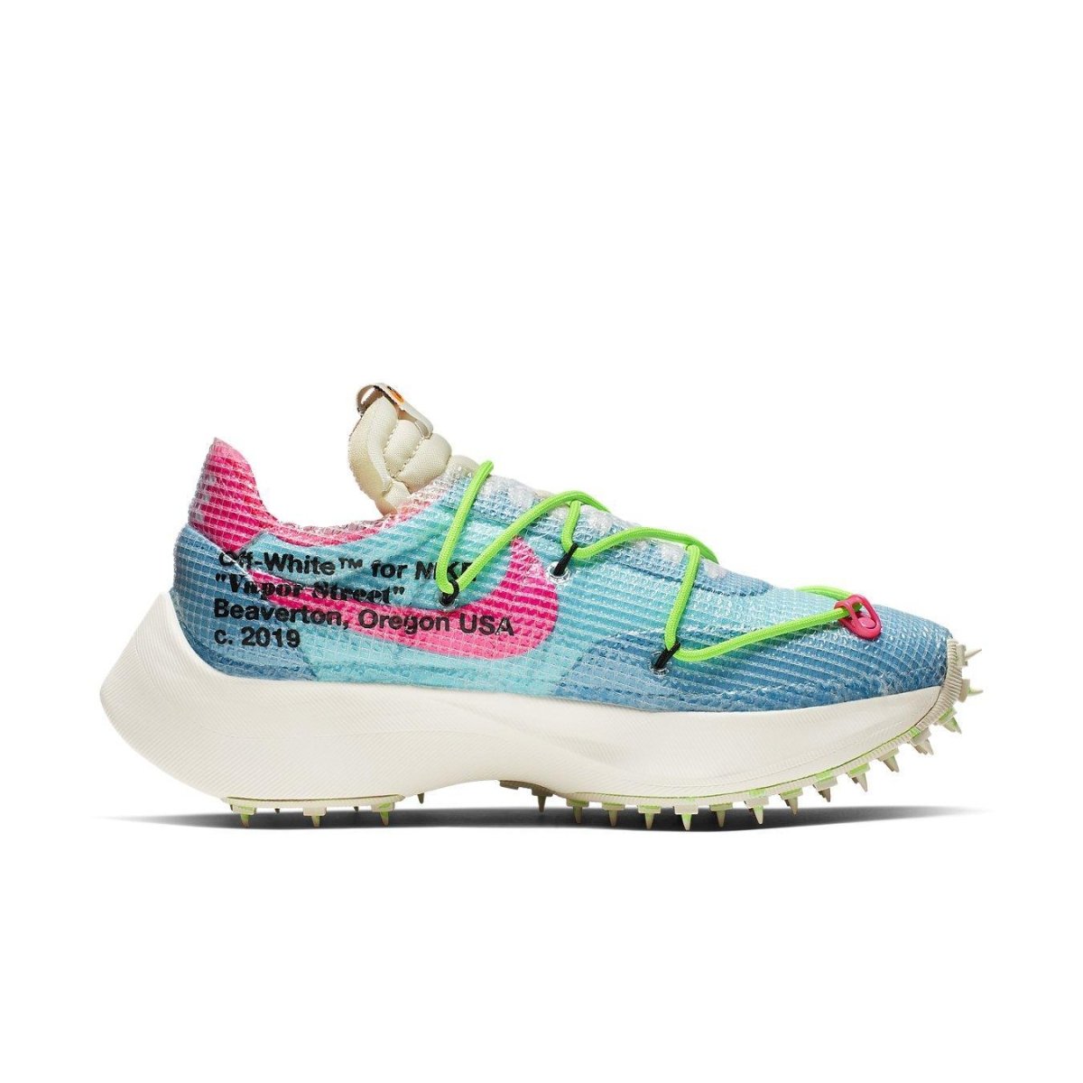 Nike Vapor Street Off-White Women's shoes in polarized blue with neon laces and 70s-inspired design.
