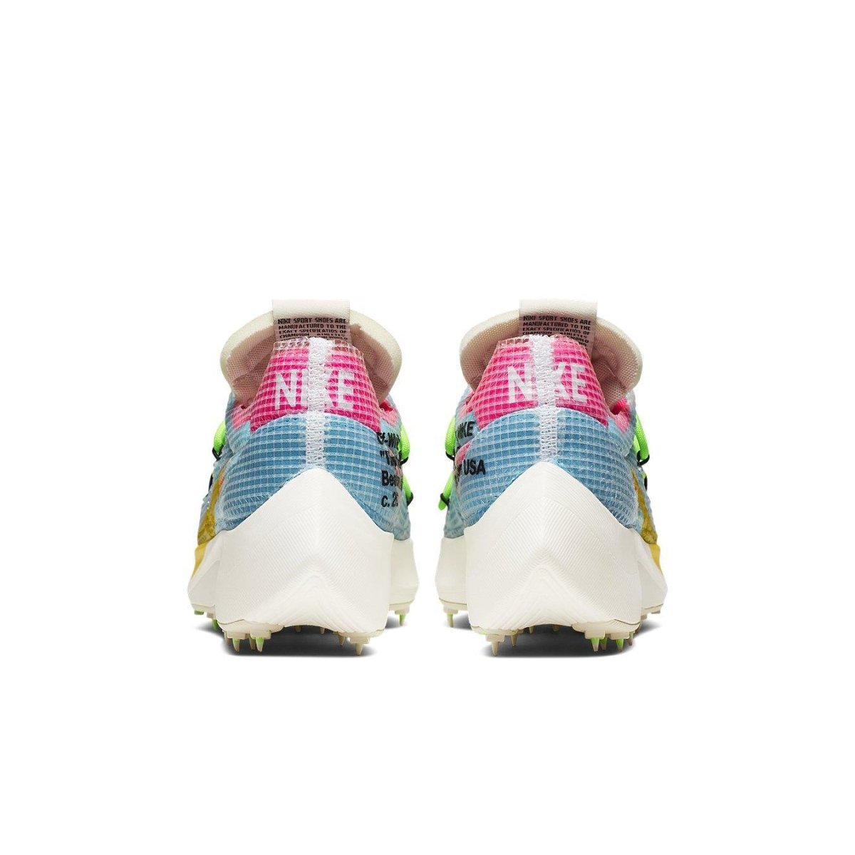 Back view of Nike Vapor Street Off-White in polarized blue, showcasing colorful details and asymmetric lacing.