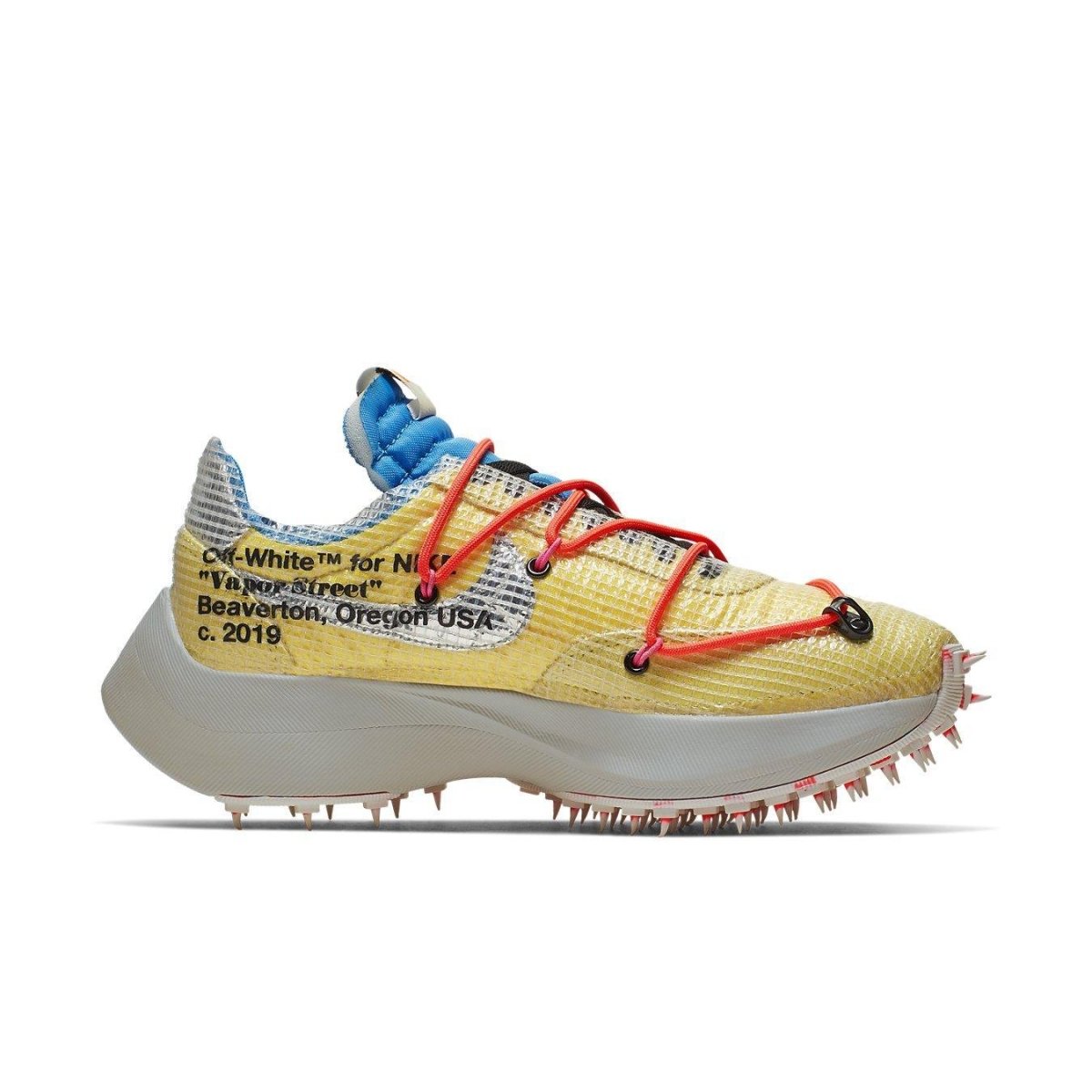 Nike Vapor Street Off-White Tour Yellow women's sneaker, designed by Virgil Abloh, featuring unique translucent material and sporty design.