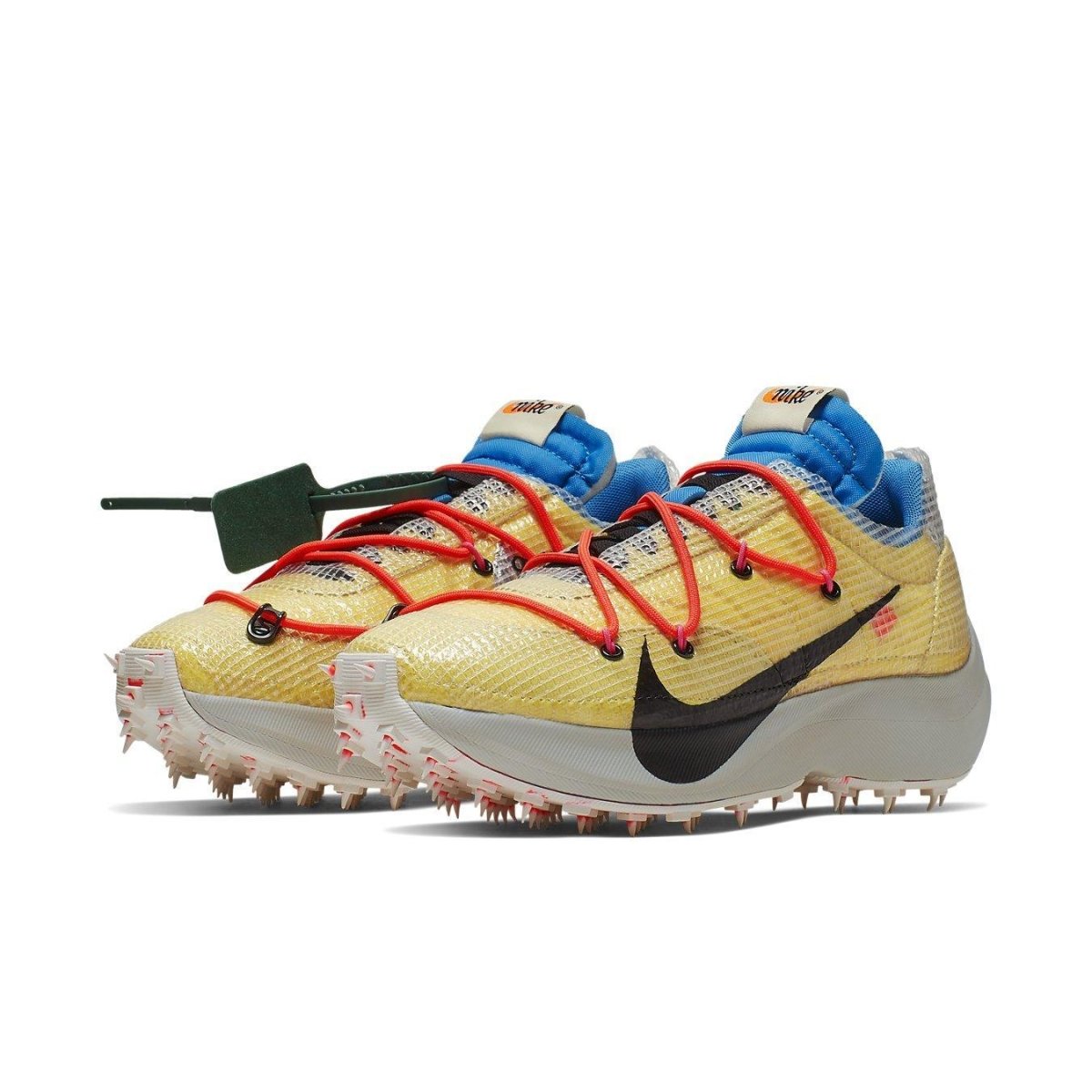 Nike Vapor Street Off-White in Tour Yellow with black Swoosh and red laces, designed by Virgil Abloh for women.