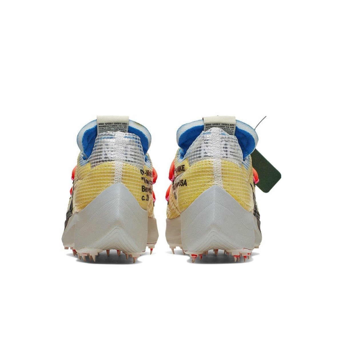 Back view of Nike Vapor Street Off-White Tour Yellow sneakers, featuring a translucent upper and vibrant color accents.