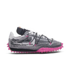 Nike Waffle Racer Off-White Black women's running shoe featuring unique design and vibrant pink sole.