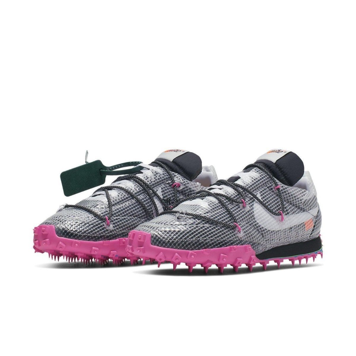 Nike Waffle Racer Off-White Black (W) featuring unique design and vibrant pink soles, optimized for speed and style.