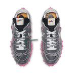 Nike Waffle Racer Off-White Black sneakers featuring a mesh design, bright pink accents, and unique lacing system.