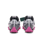 Nike Waffle Racer Off-White Black women's running shoes featuring a unique design and vibrant pink spikes.