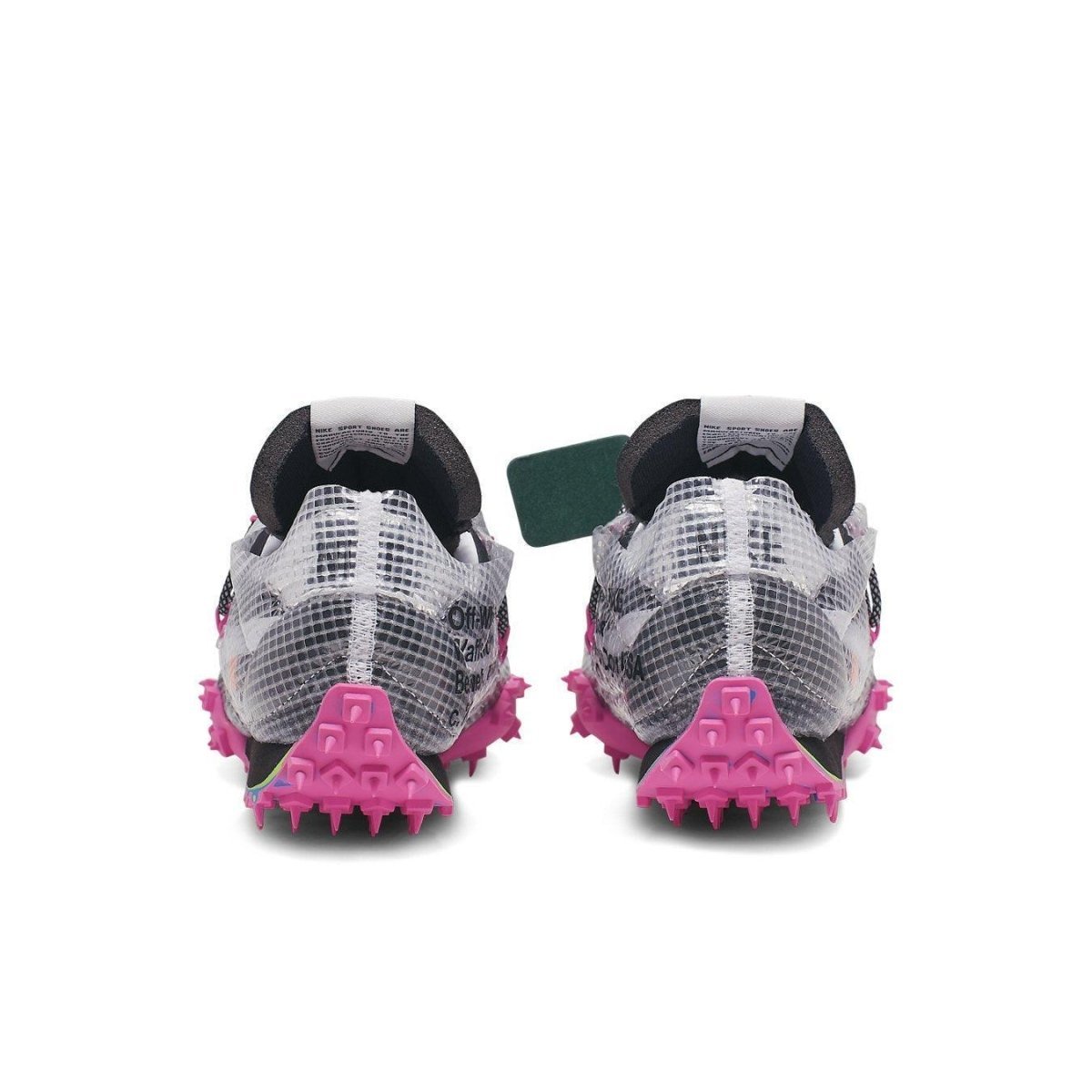 Nike Waffle Racer Off-White Black women's running shoes featuring a unique design and vibrant pink spikes.