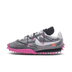 Nike Waffle Racer Off-White Black women's sneaker featuring a distinctive translucent design with pink spikes.
