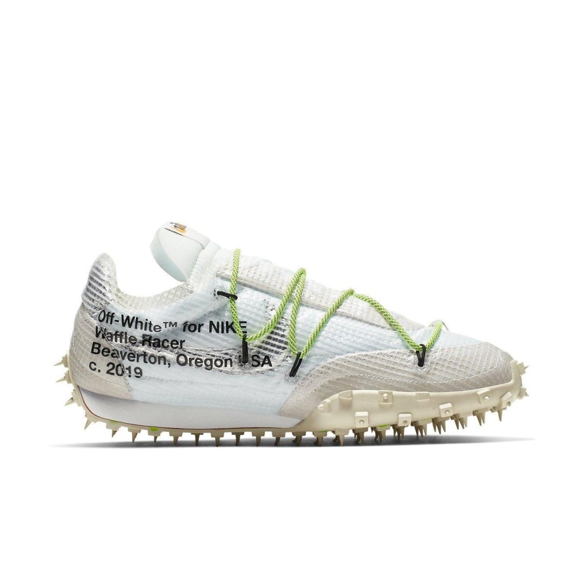 Nike Waffle Racer Off-White in white with green laces and signature branding, featuring a tech-inspired design.