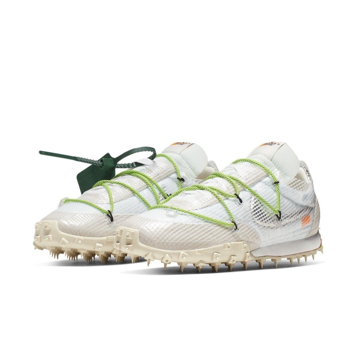 Nike Waffle Racer Off-White in white with electric green laces, featuring a transparent upper and metallic Swoosh.