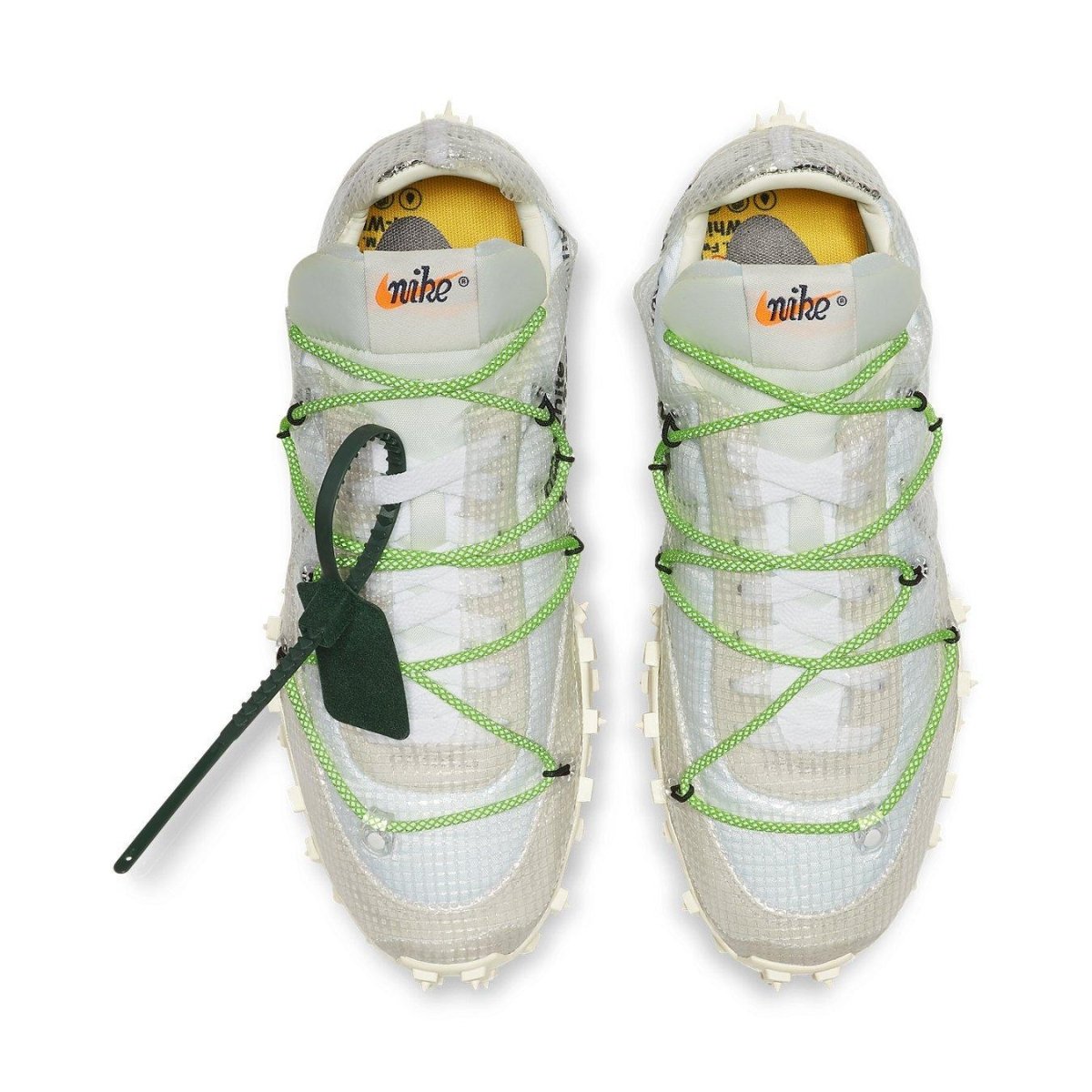 Nike Waffle Racer Off-White White for women, featuring a transparent upper and Electric Green lacing detail.