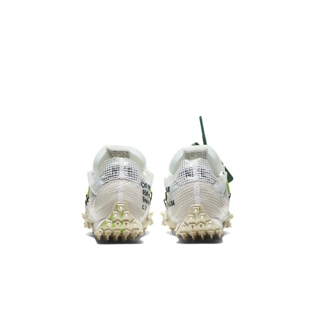 Back view of Nike Waffle Racer Off-White sneakers showcasing transparent material and Electric Green details.