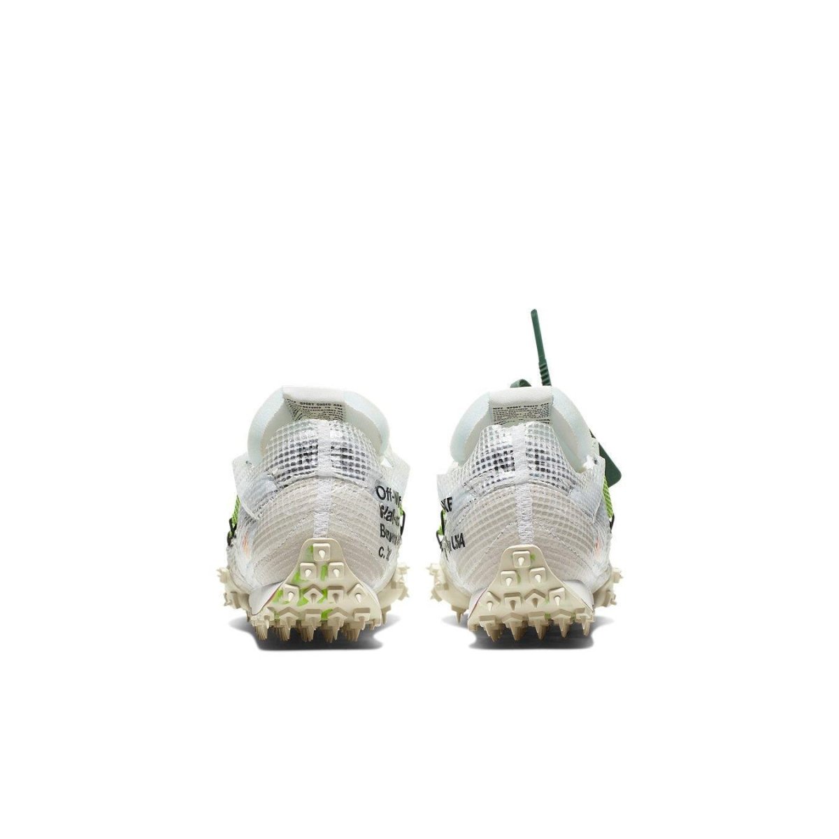 Back view of Nike Waffle Racer Off-White sneakers showcasing transparent material and Electric Green details.