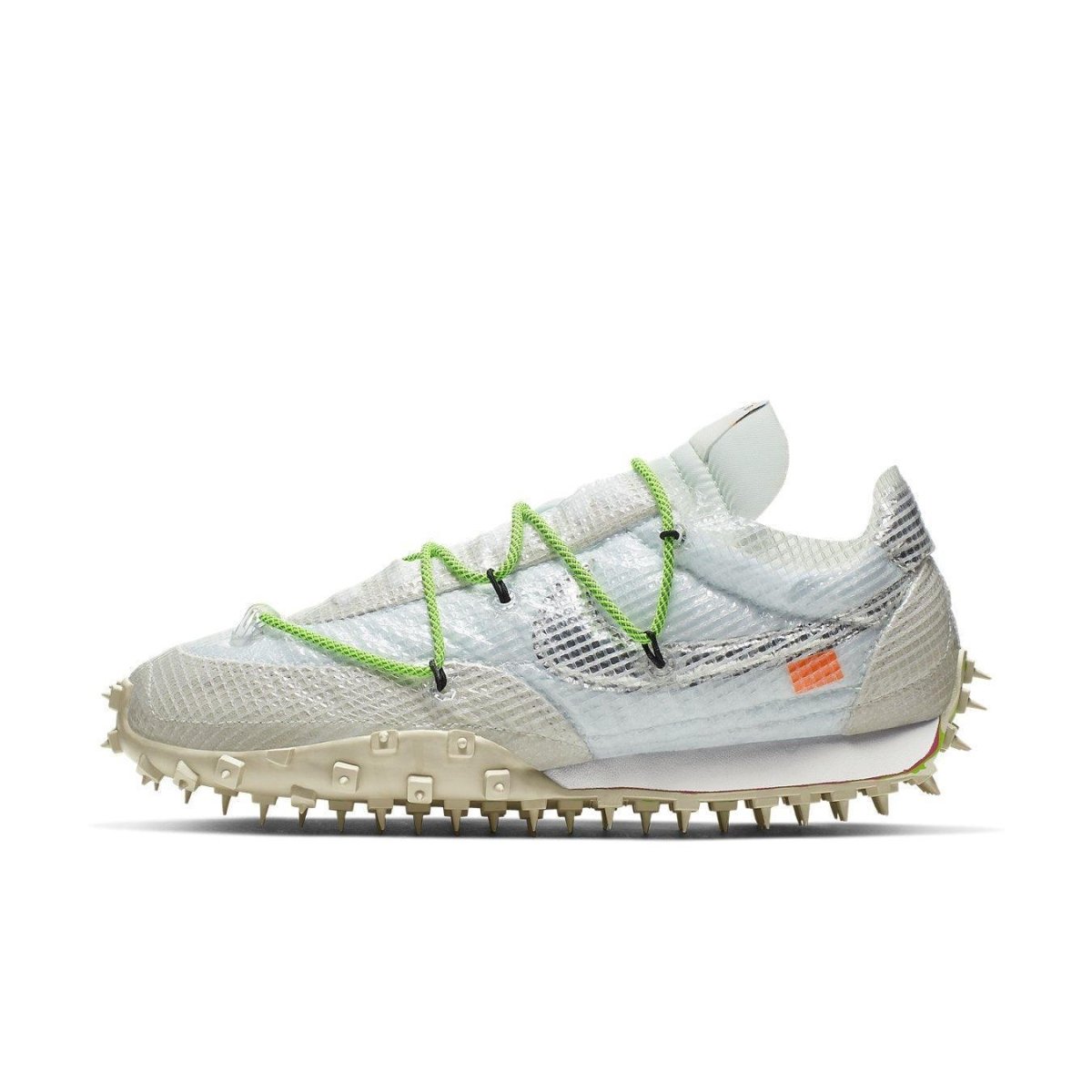 Nike Waffle Racer Off-White shoe in white with transparent upper and Electric Green laces, featuring a metallic Swoosh.