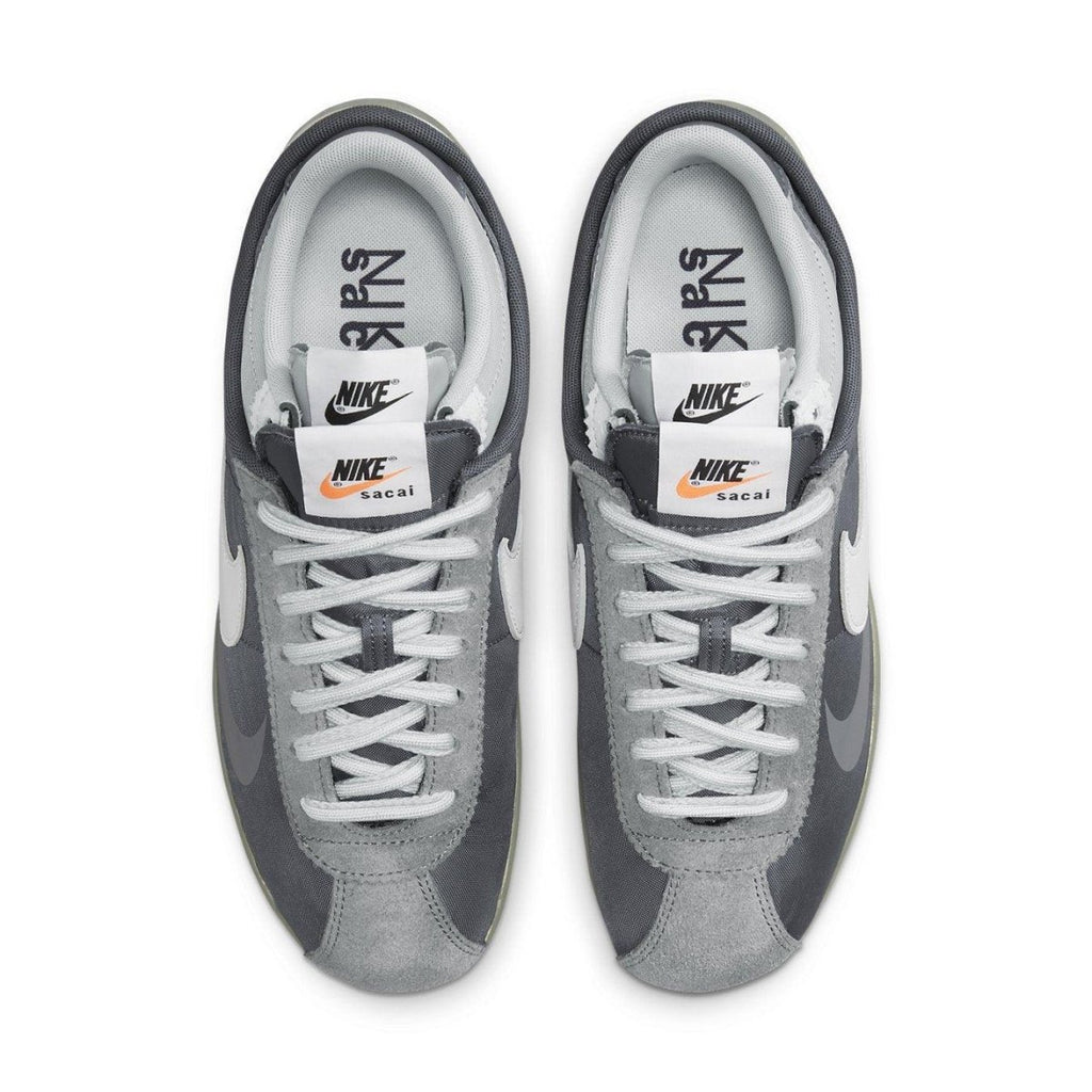 Nike Zoom Cortez SP sacai Iron Grey top view showcasing grey nylon and suede details.
