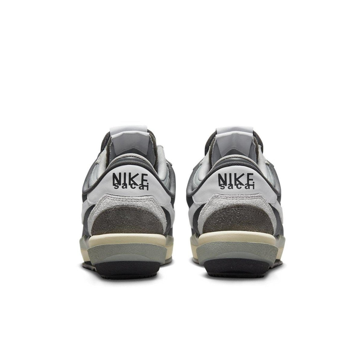 Nike Zoom Cortez SP sacai 'Iron Grey' sneakers featuring a layered design and neutral color palette from the back.