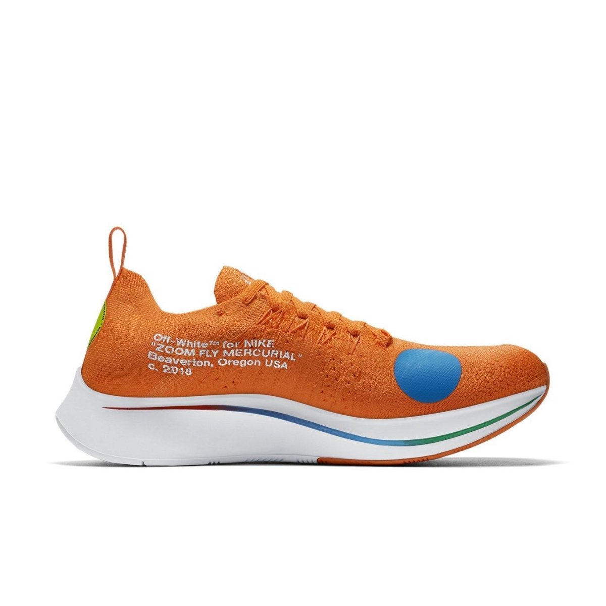 Nike Zoom Fly Mercurial Off-White in vibrant Total Orange with blue accents and unique design elements.