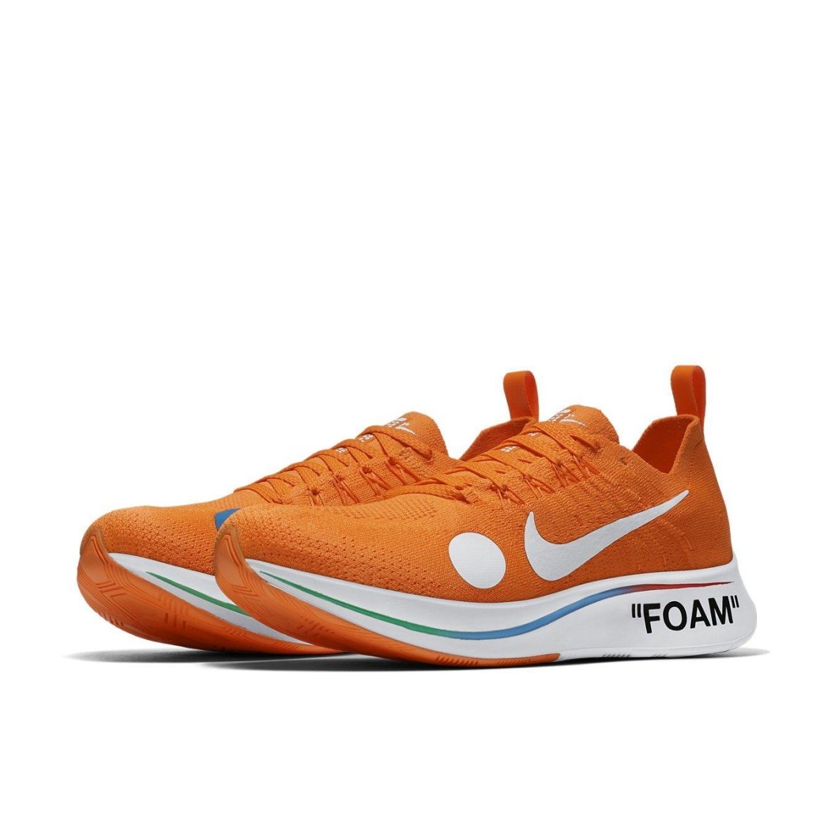 Nike Zoom Fly Mercurial Off-White in vibrant Total Orange, featuring Flyknit upper and bold "FOAM" branding.