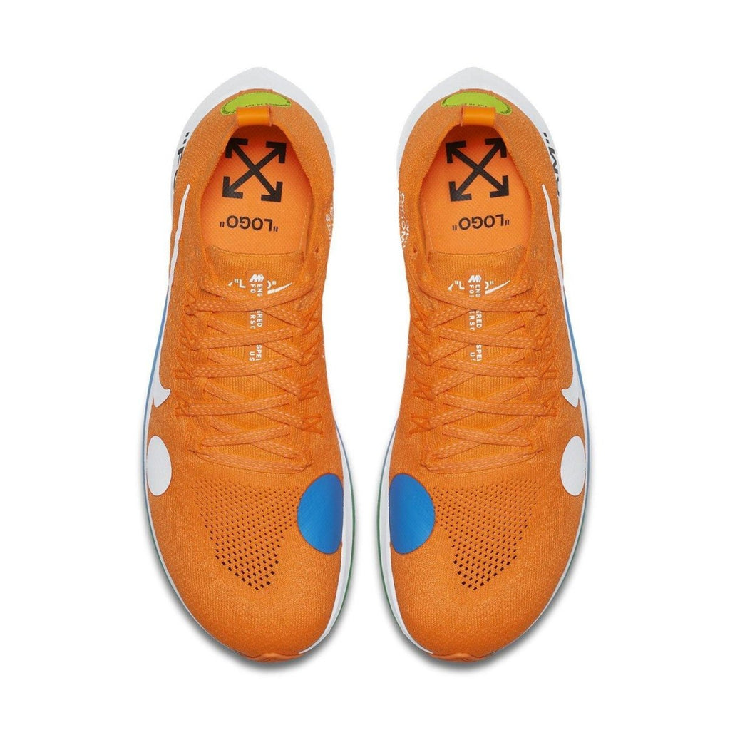 Nike Zoom Fly Mercurial Off-White in vibrant orange with abstract design and Flyknit upper.