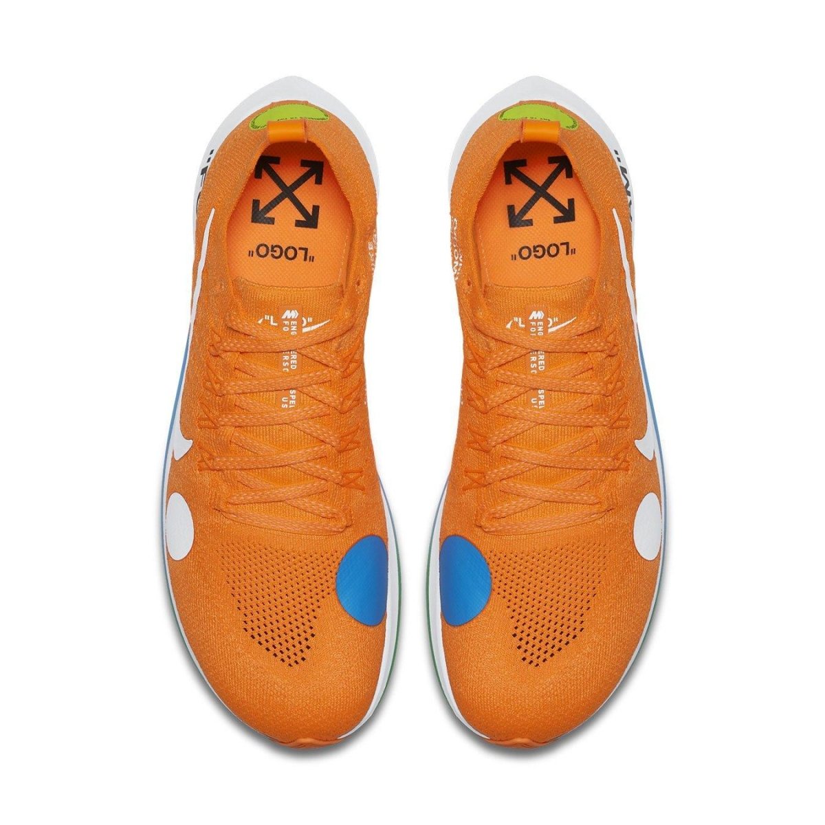 Nike Zoom Fly Mercurial Off-White in vibrant orange with abstract design and Flyknit upper.