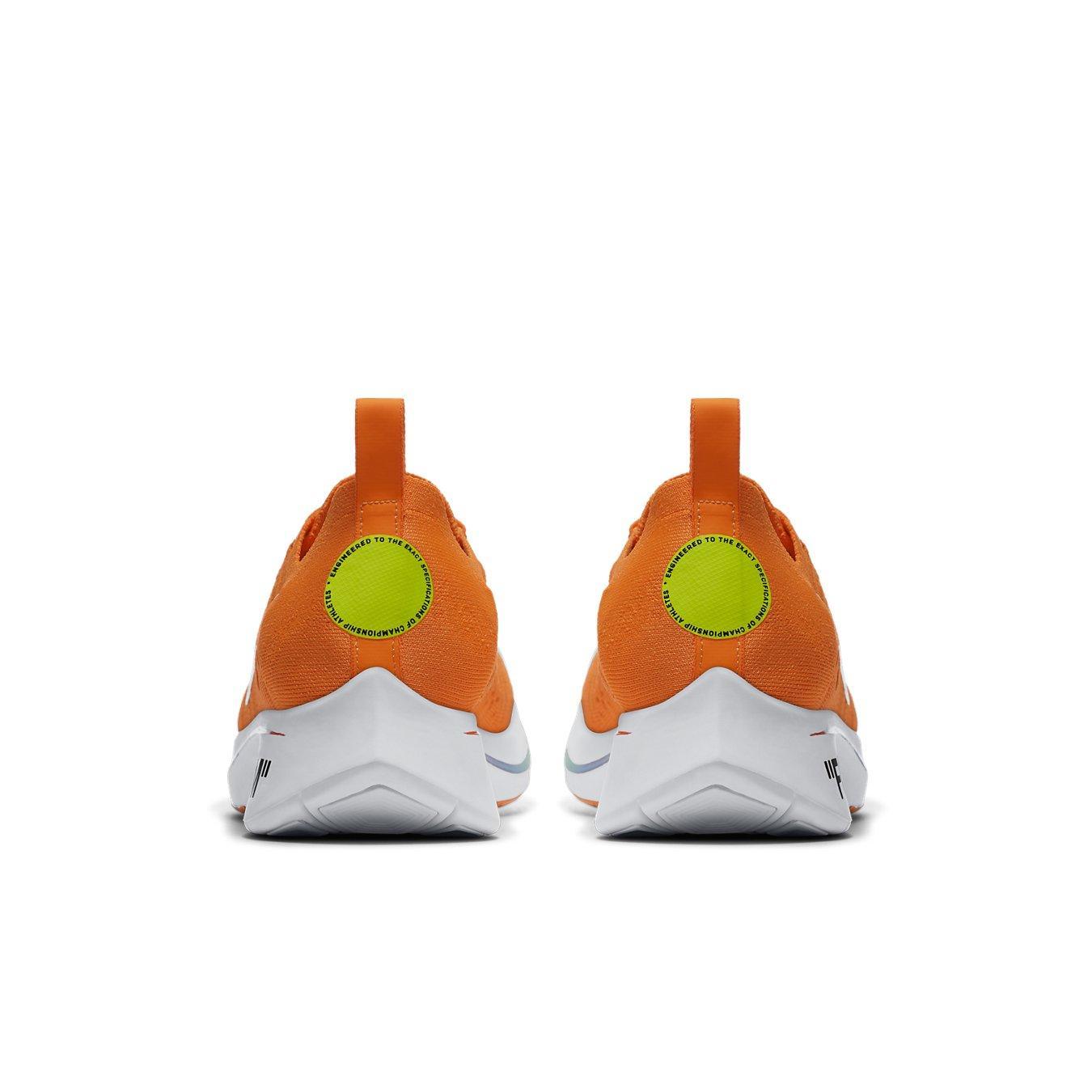 Nike Zoom Fly Mercurial Off-White in vibrant orange, showcasing the back with a bright green accent.