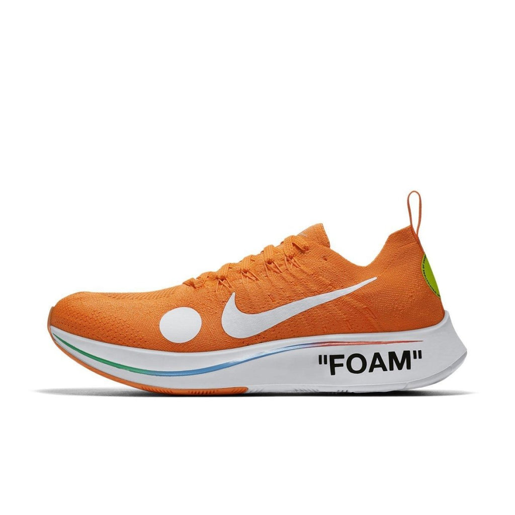 Nike Zoom Fly Mercurial Off-White in vibrant orange with 'FOAM' detail and sleek Flyknit design.