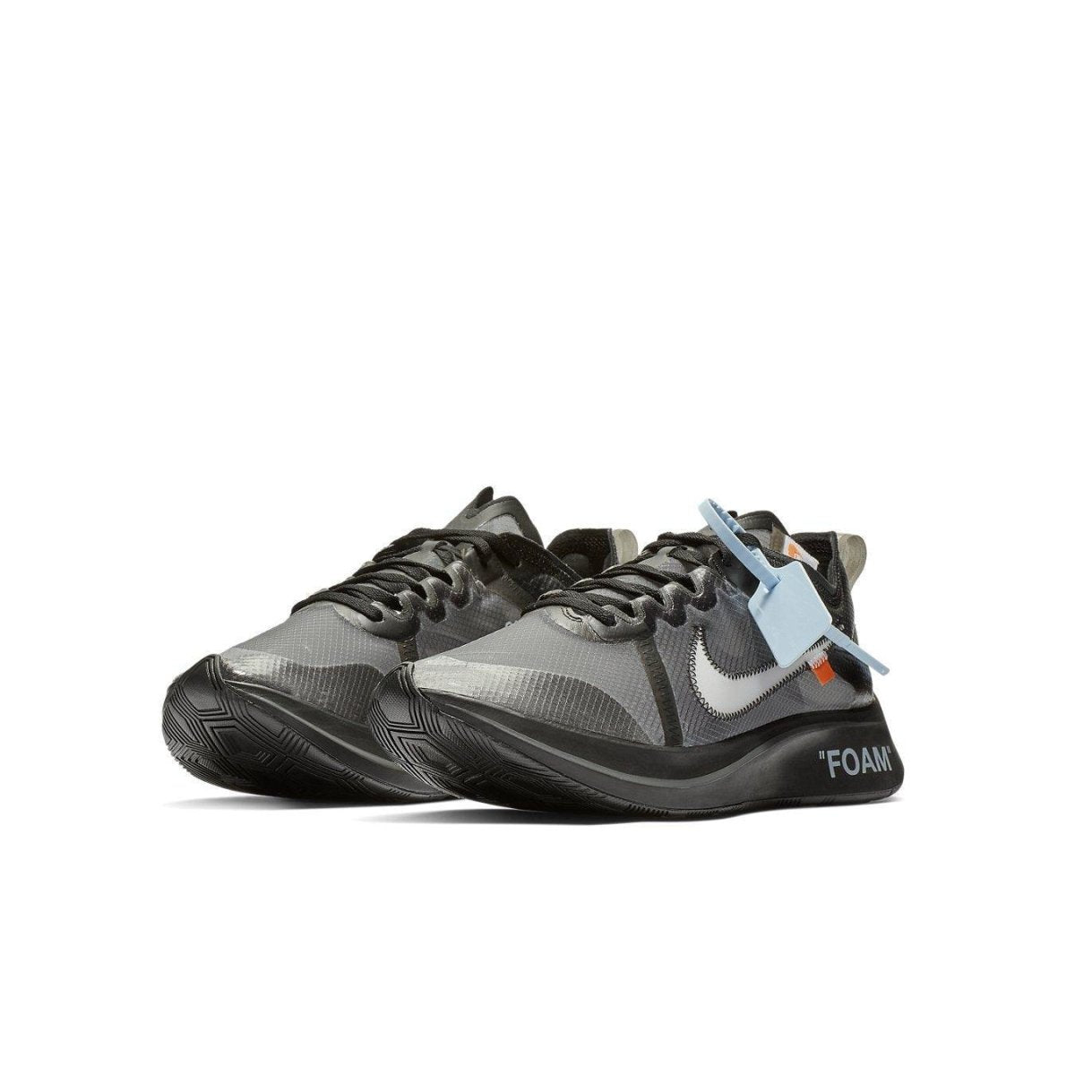 Nike Zoom Fly Off-White in black and silver with blue tag, showcasing innovative design and performance.