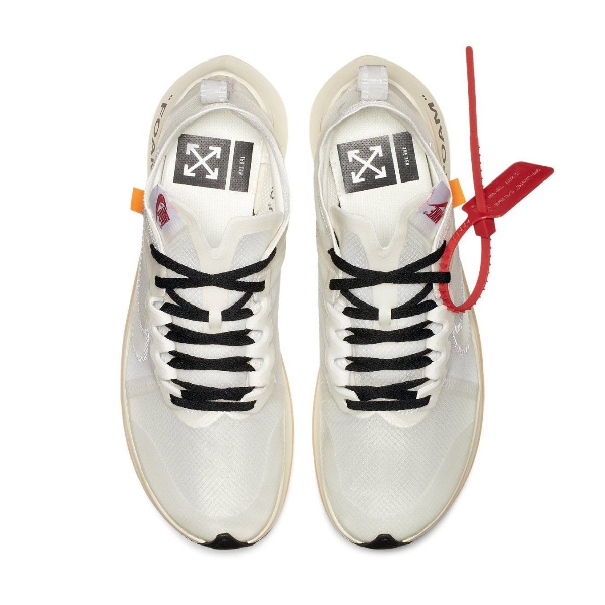 Nike Zoom Fly Off-White sneakers with white and black details, orange accents, and red zip tie.
