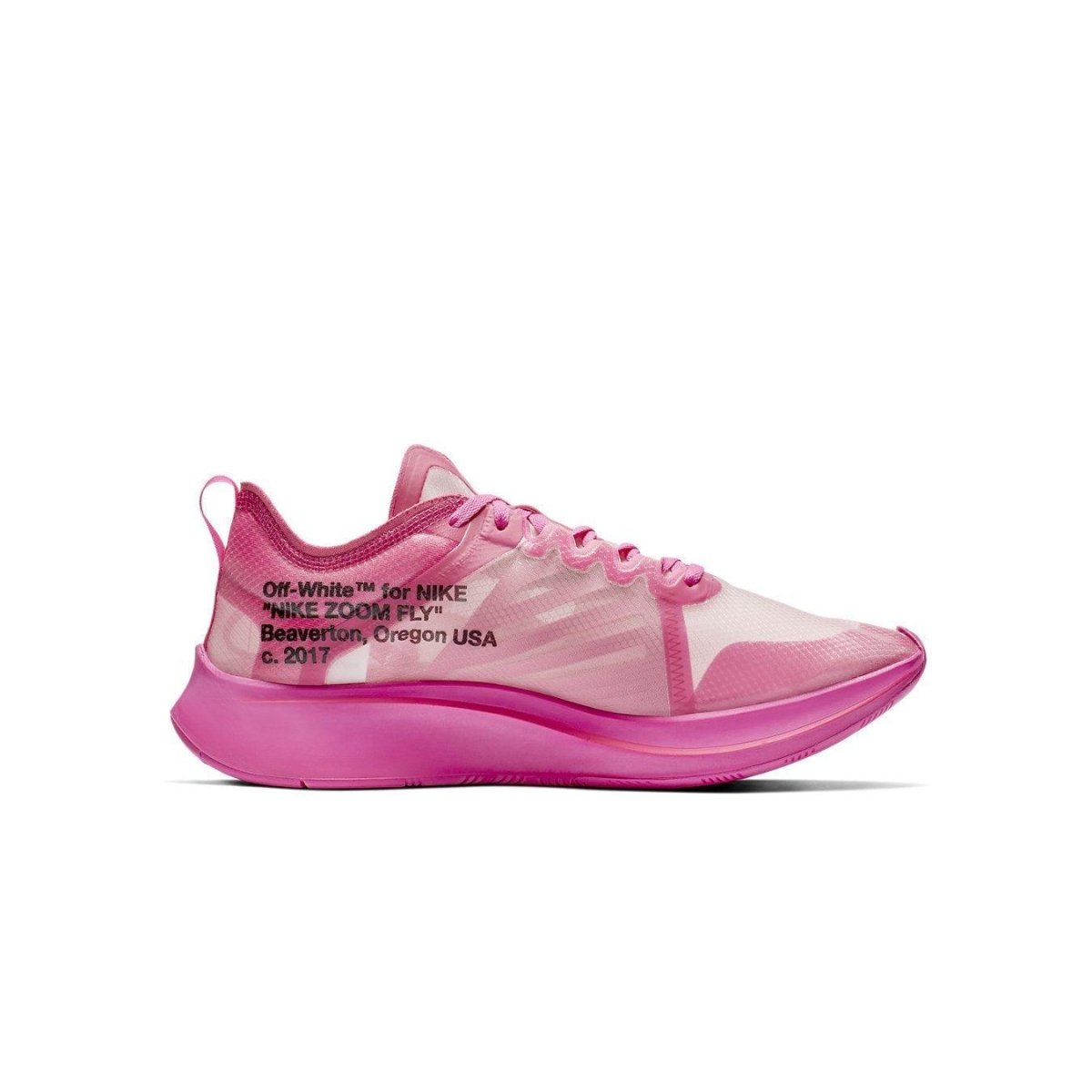 Off-White x Nike Zoom Fly SP Pink sneaker with transparent TPU upper and bright Tulip Pink colorway.
