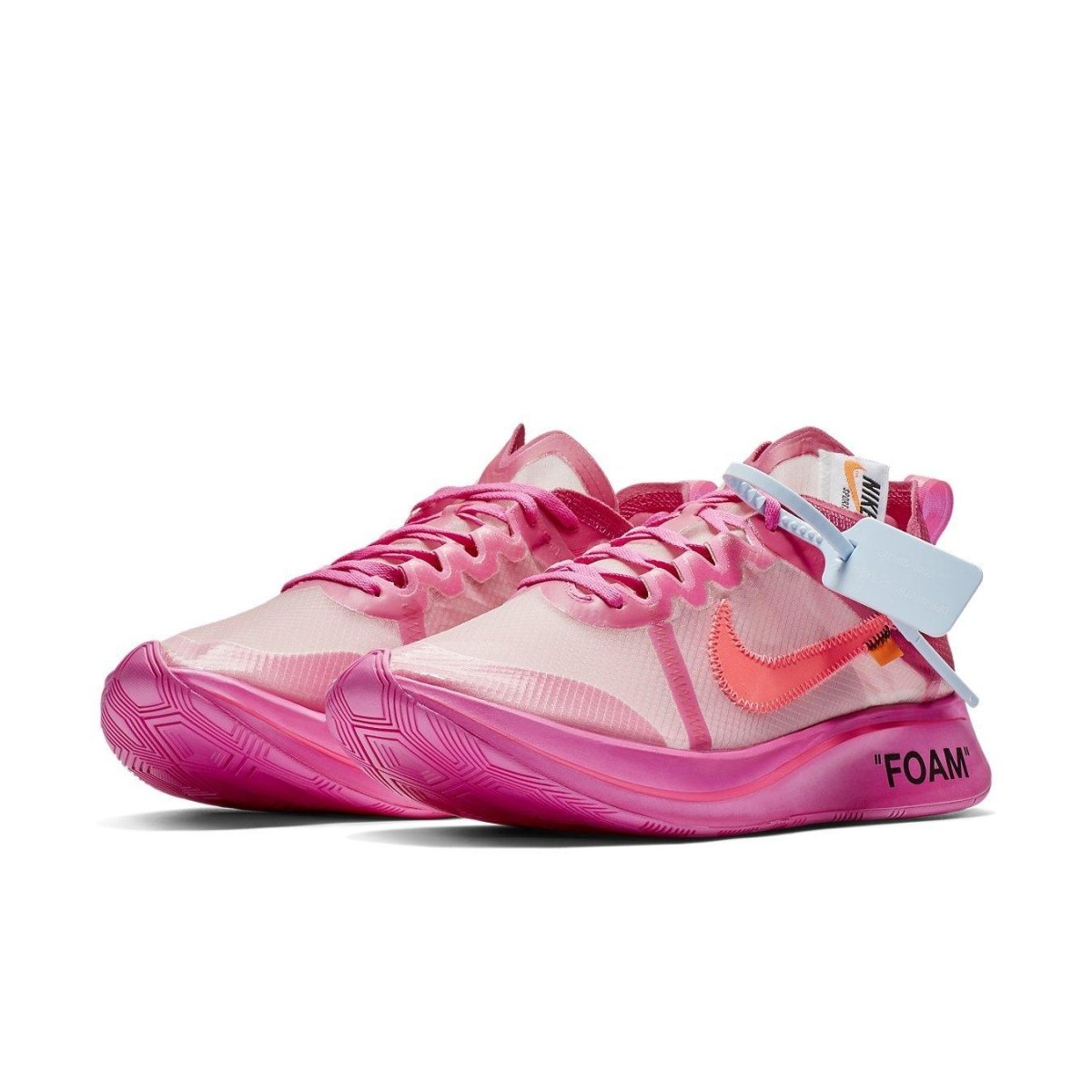 Nike Zoom Fly Off-White Pink sneakers with TPU upper and bright pink foam sole featuring 'FOAM' label.