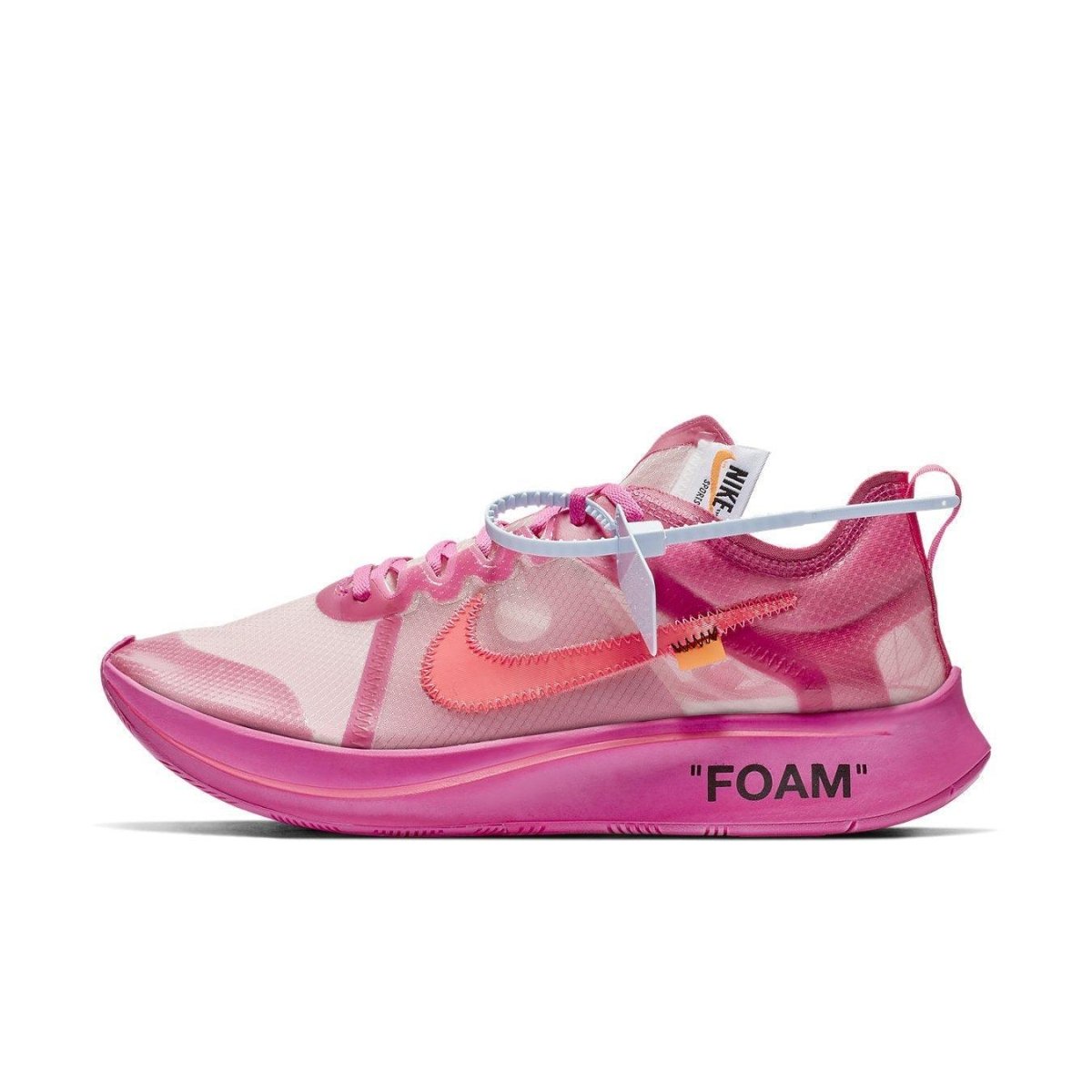 Nike Zoom Fly Off-White Pink sneakers featuring transparent TPU upper and bold 'FOAM' detailing.