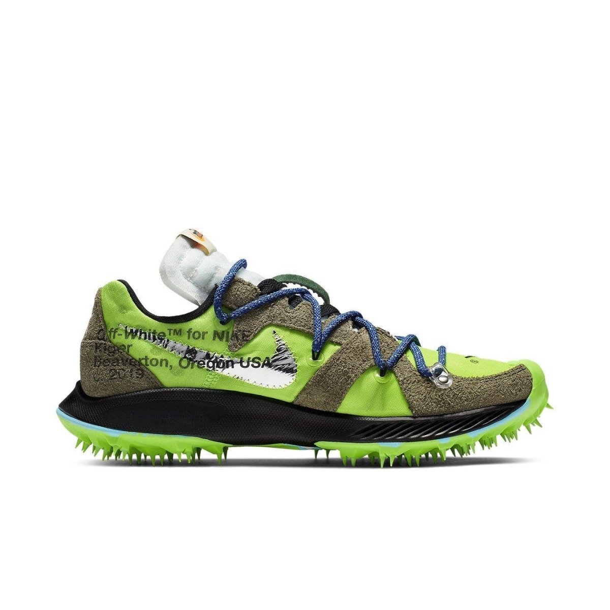 Nike Off-White x Wmns Air Zoom Terra Kiger 5 in Electric Green, featuring unique retro design and nylon panels.