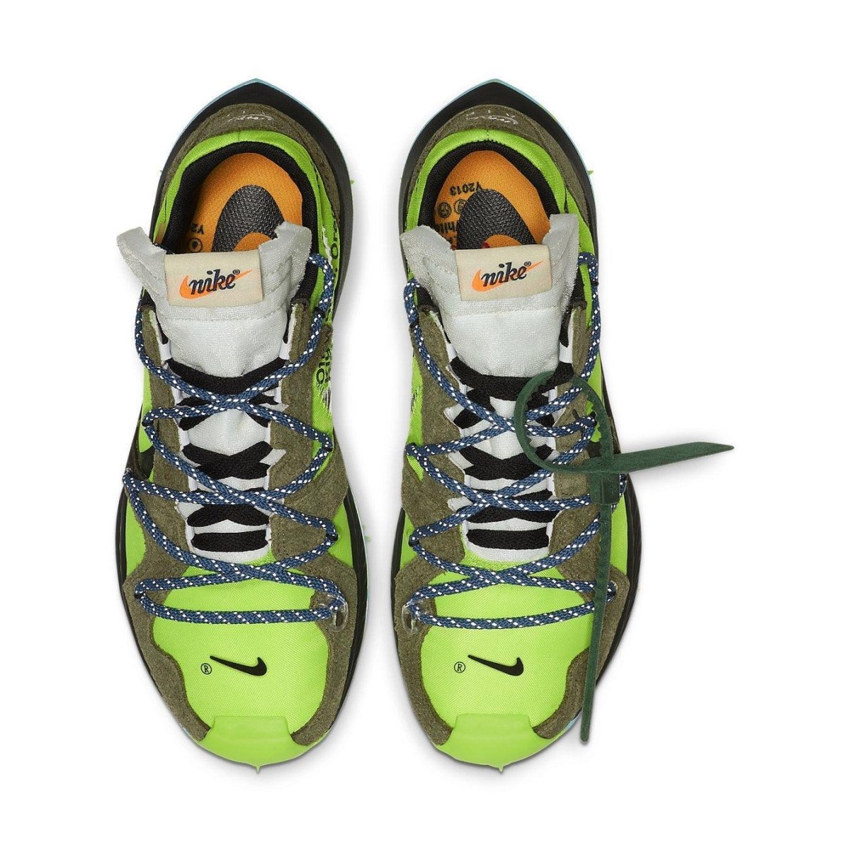 Nike Off-White x Wmns Air Zoom Terra Kiger 5 'Electric Green' women's sneakers with unique laces and retro design.