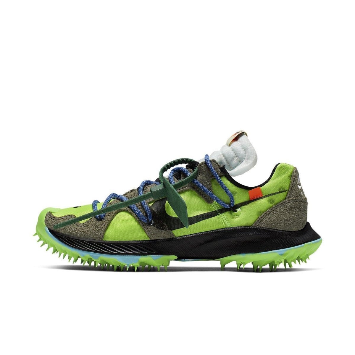 Nike Off-White x Wmns Air Zoom Terra Kiger 5 in Electric Green with unique design and bold accents.