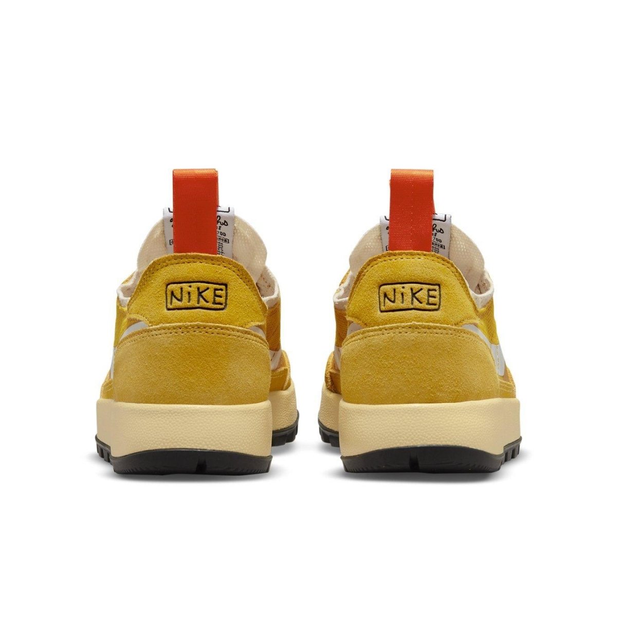 NikeCraft General Purpose Shoe Tom Sachs in Dark Sulfur, featuring yellow suede and red accents from the back view.