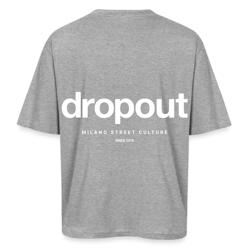 Gray oversized tee featuring a bold 'dropout' logo on the back, perfect for casual street style.