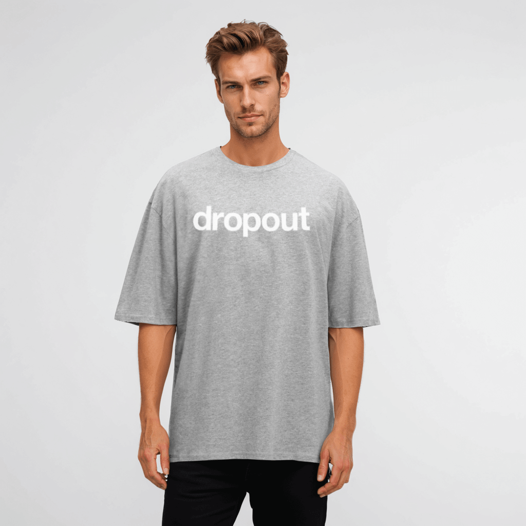 Grey oversized tee featuring bold 'dropout' logo for effortless style and comfort in soft cotton.