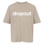 Oversized beige tee shirt featuring bold 'dropout' logo on front and back, made of soft breathable cotton.
