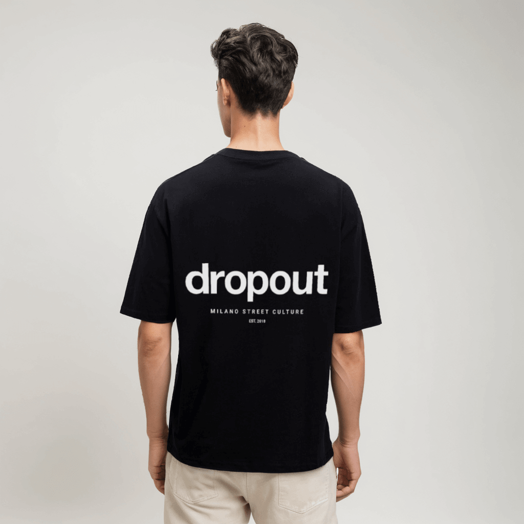 Oversized black tee featuring bold Dropout logo on the back, made from soft breathable cotton for ultimate comfort.