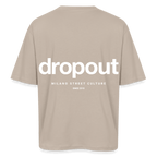 Back view of oversized beige tee featuring bold Dropout logo and Milano Street Culture text.
