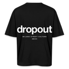 Back view of an oversized black tee featuring bold 'dropout' logo, showcasing Milano Street Culture since 2018.