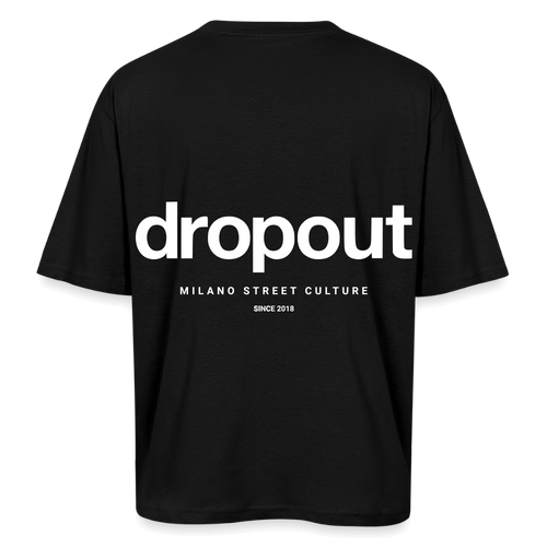 Back view of an oversized black tee featuring bold 'dropout' logo, showcasing Milano Street Culture since 2018.